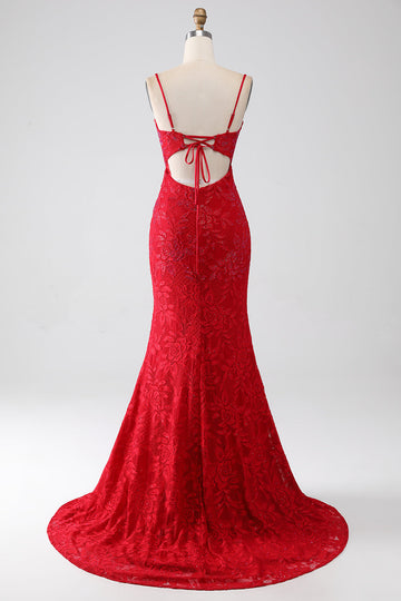 Red Mermaid Spaghetti Straps Beaded Lace Applique Ball Dress With Slit